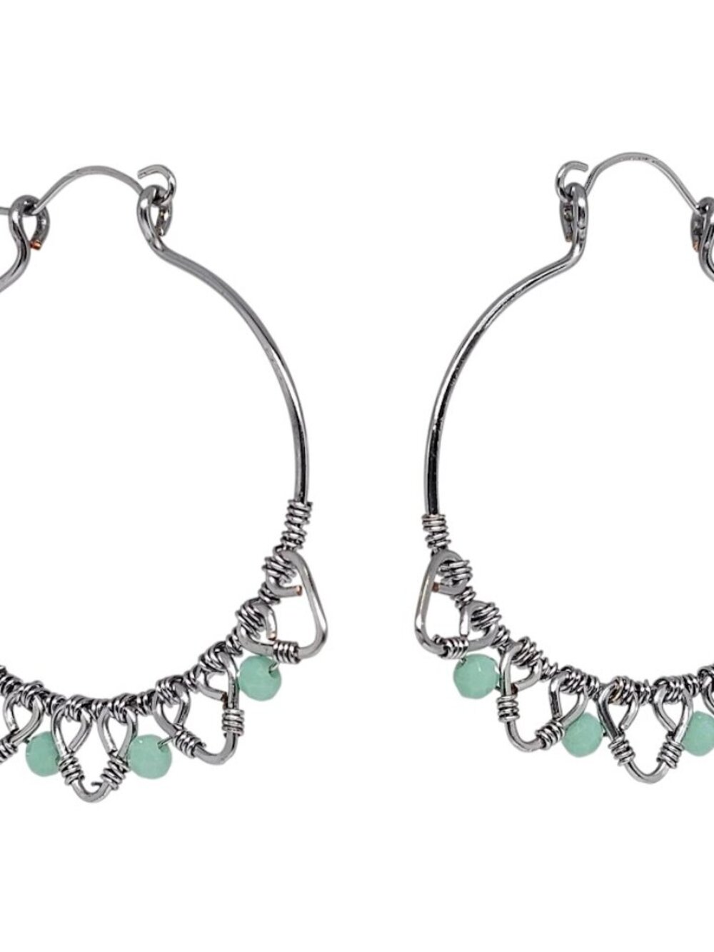 Handmade Mint Green Crystal Bead Silver Hoop Boho Dangle Earrings Wire Wrapped